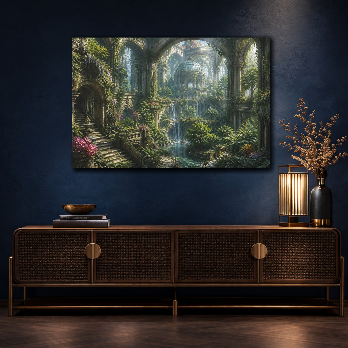 Mockup 4. Enchanted Overgrown Ruins shown as canvas print