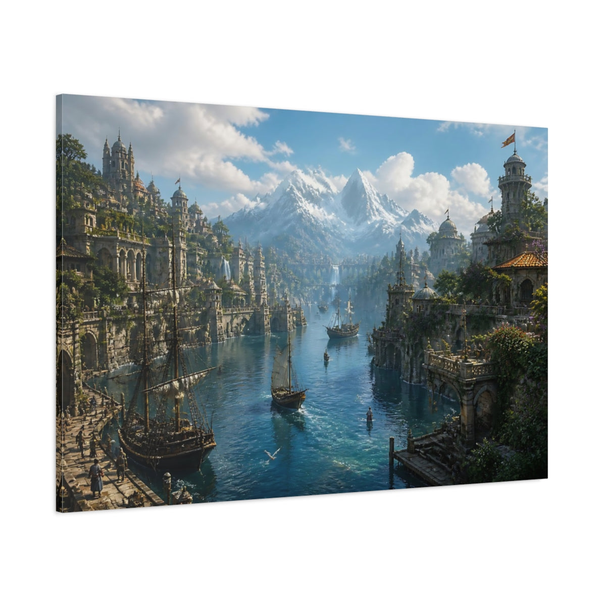 Side Mockup 1. Endless Harbor City shown as canvas print