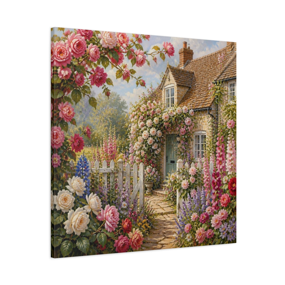 Main Mockup. English Cottage Flowers shown as canvas print