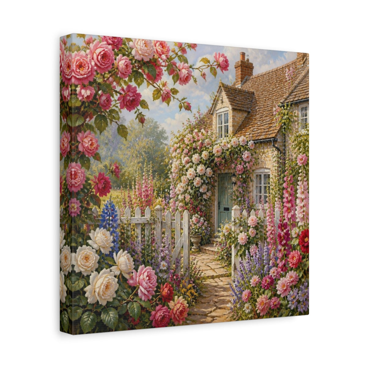 Side Mockup 8. English Cottage Flowers shown as canvas print