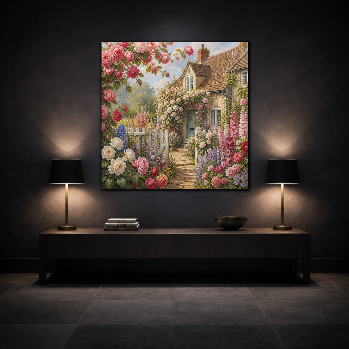 Mockup 3. English Cottage Flowers shown as canvas print
