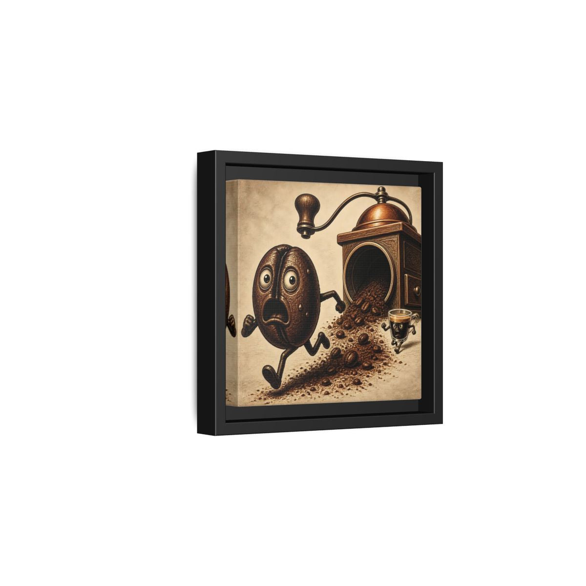 Side Mockup 3. Escaping Coffee Bean Chase shown as framed canvas print