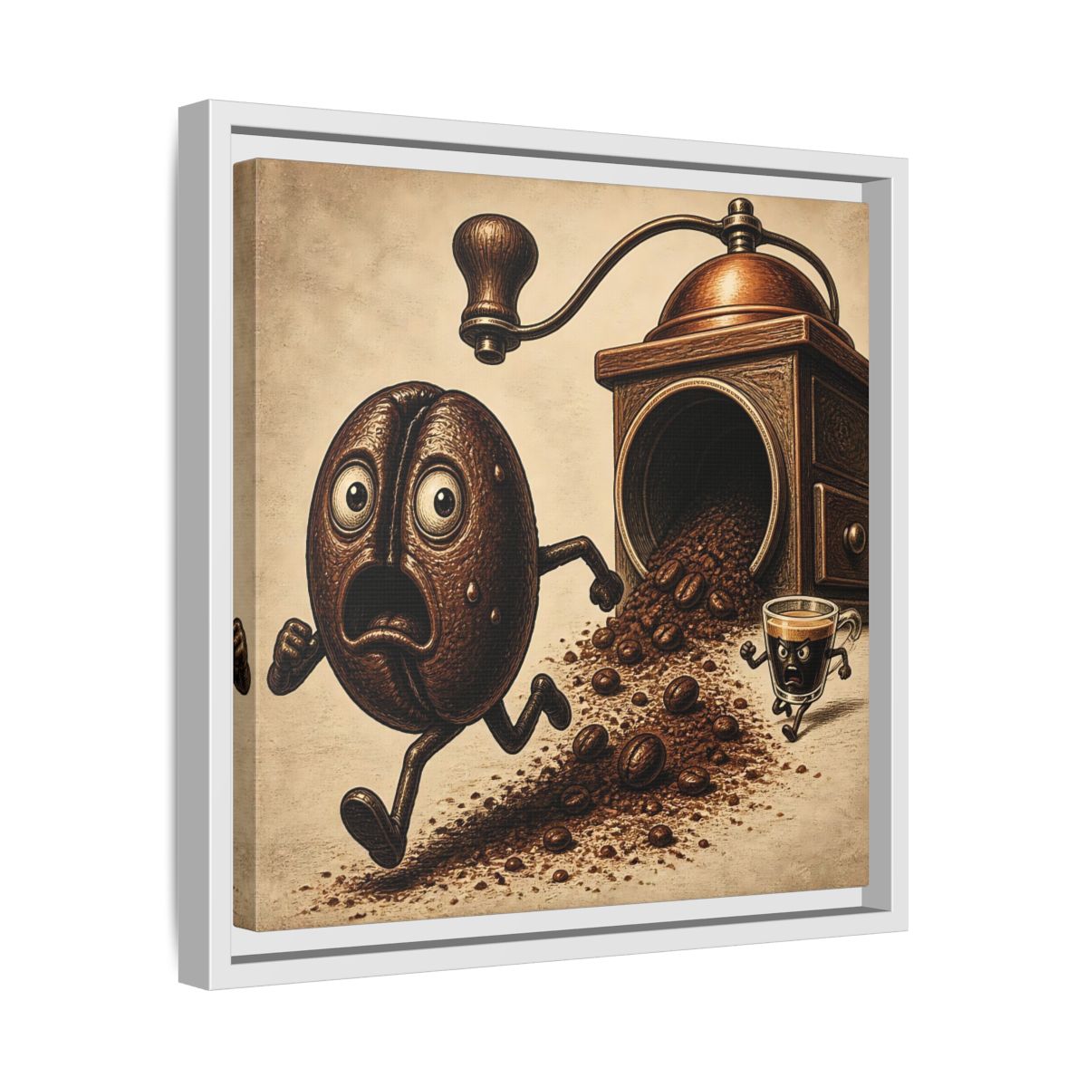 Side Mockup 28. Escaping Coffee Bean Chase shown as framed canvas print