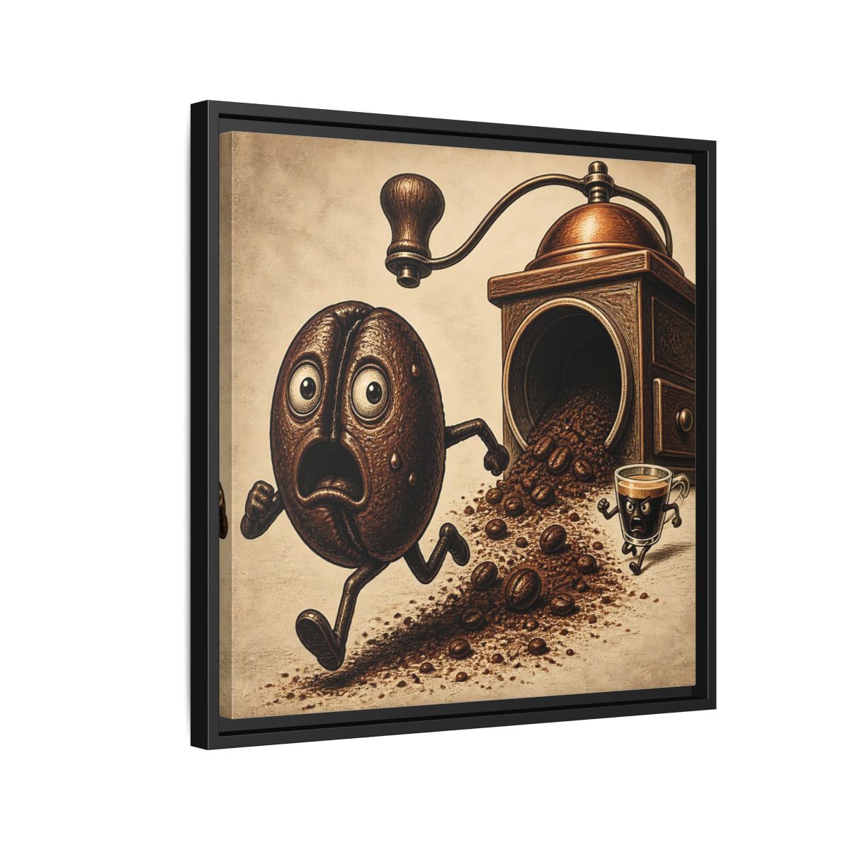 Side Mockup 12. Escaping Coffee Bean Chase shown as framed canvas print