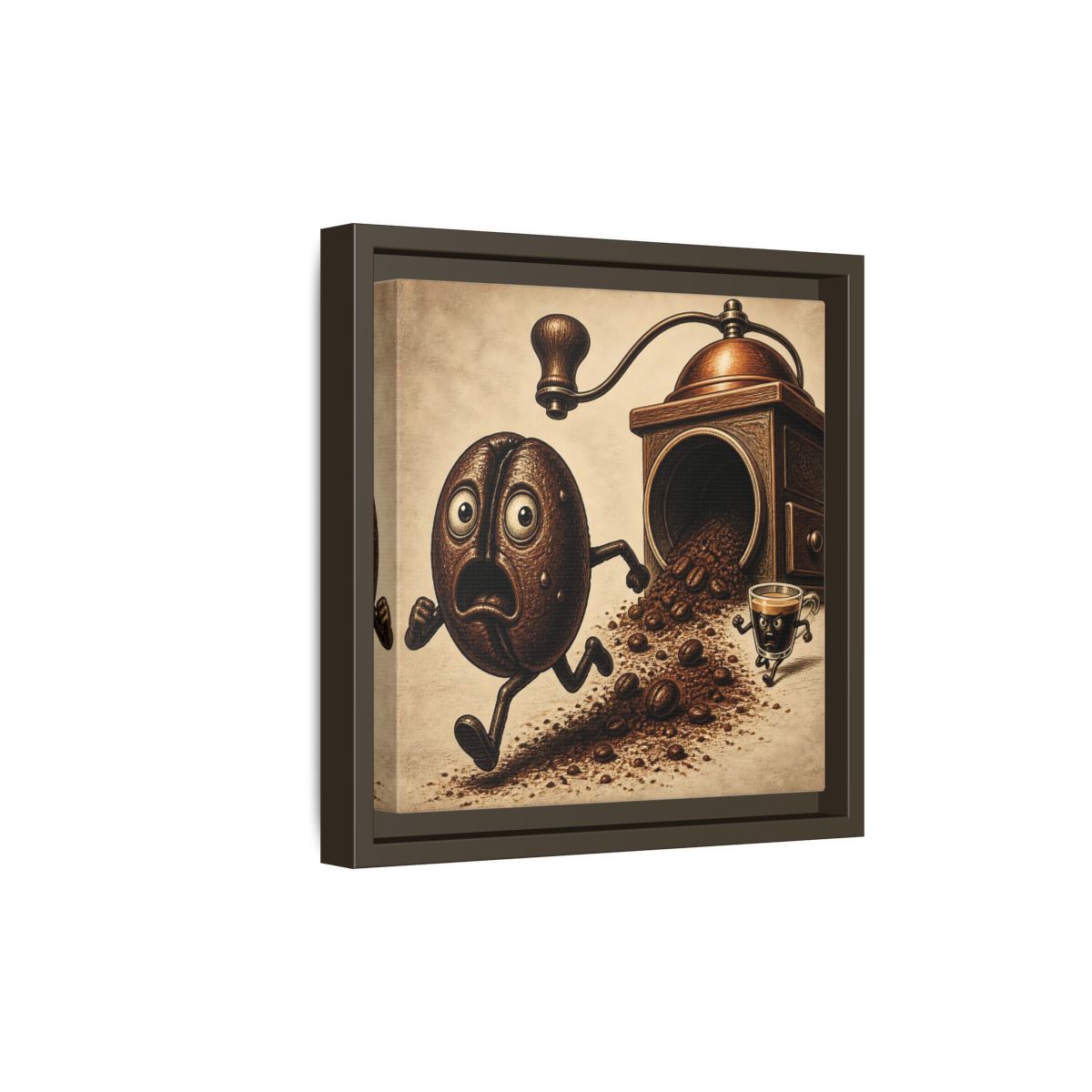 Side Mockup 20. Escaping Coffee Bean Chase shown as framed canvas print