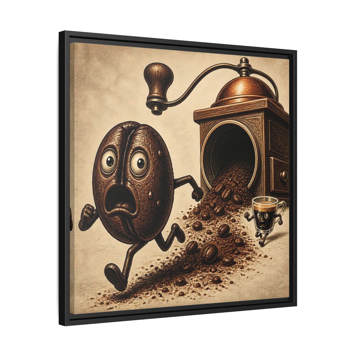 Side Mockup 31. Escaping Coffee Bean Chase shown as framed canvas print