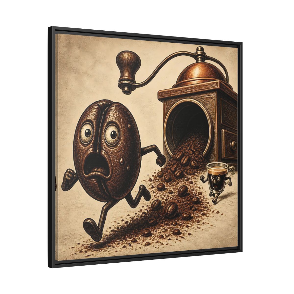 Side Mockup 30. Escaping Coffee Bean Chase shown as framed canvas print