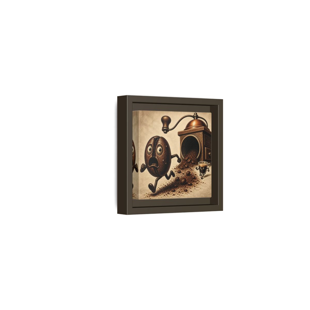 Side Mockup 23. Escaping Coffee Bean Chase shown as framed canvas print