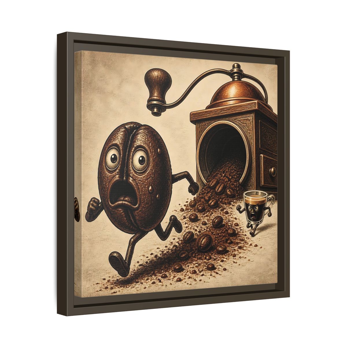 Side Mockup 29. Escaping Coffee Bean Chase shown as framed canvas print