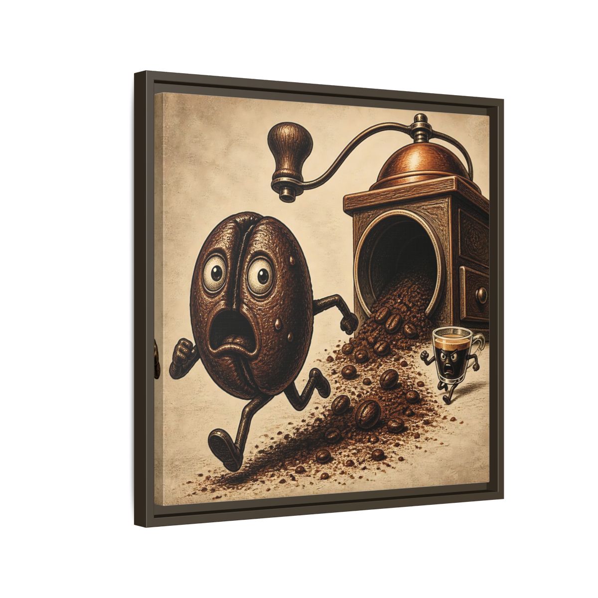 Side Mockup 11. Escaping Coffee Bean Chase shown as framed canvas print