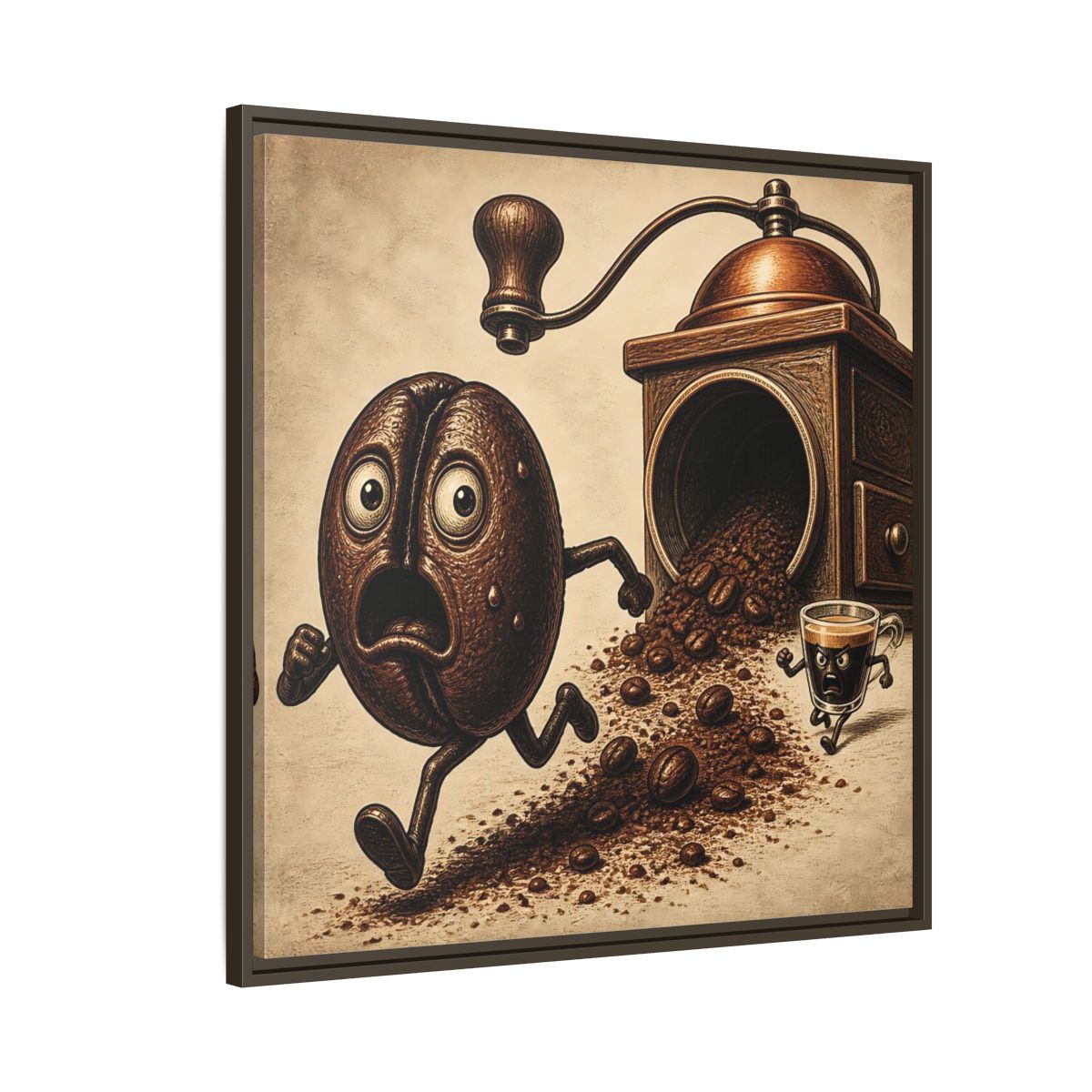Side Mockup 8. Escaping Coffee Bean Chase shown as framed canvas print