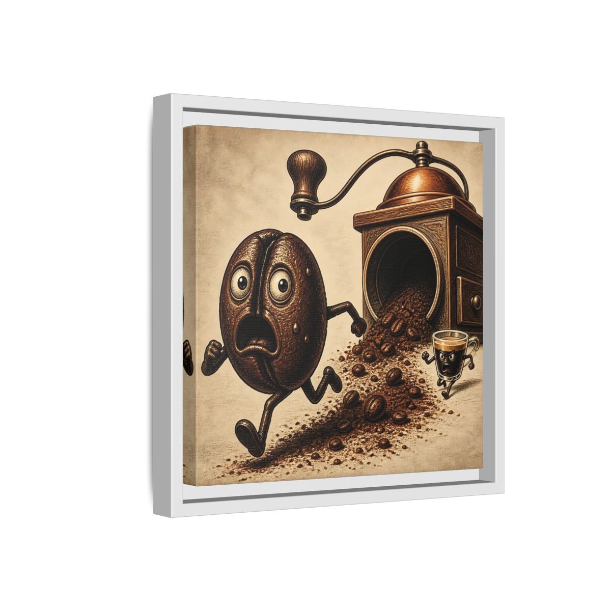 Side Mockup 16. Escaping Coffee Bean Chase shown as framed canvas print