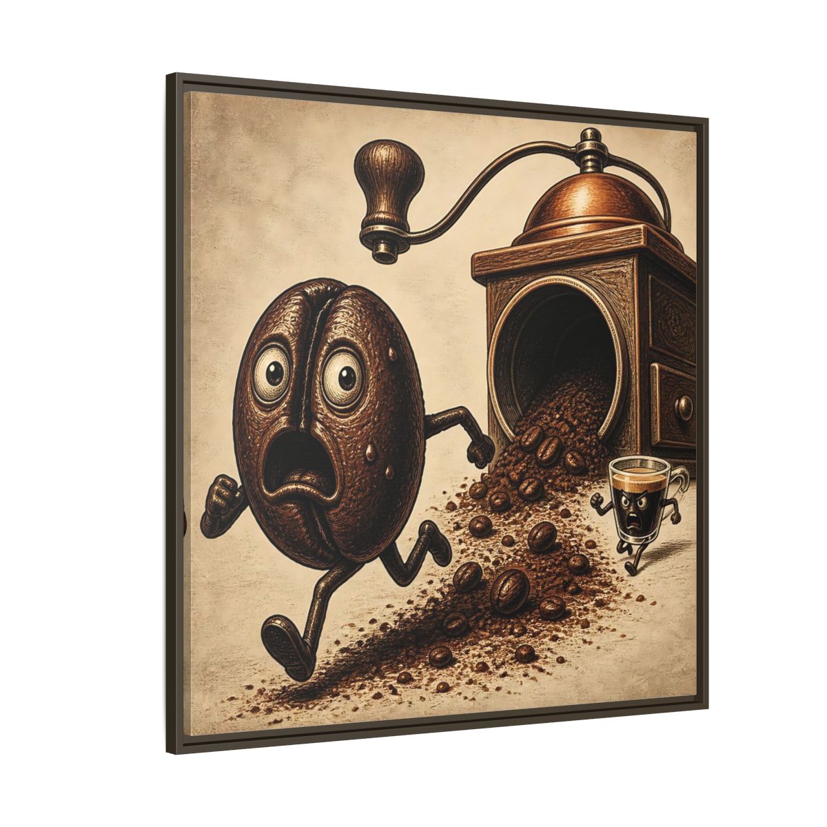 Side Mockup 5. Escaping Coffee Bean Chase shown as framed canvas print
