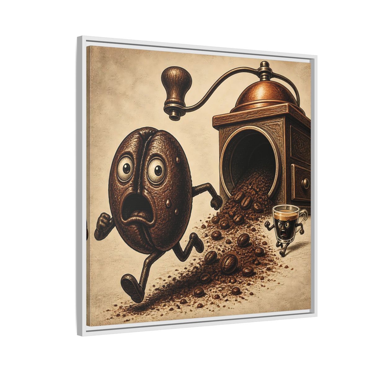 Side Mockup 7. Escaping Coffee Bean Chase shown as framed canvas print