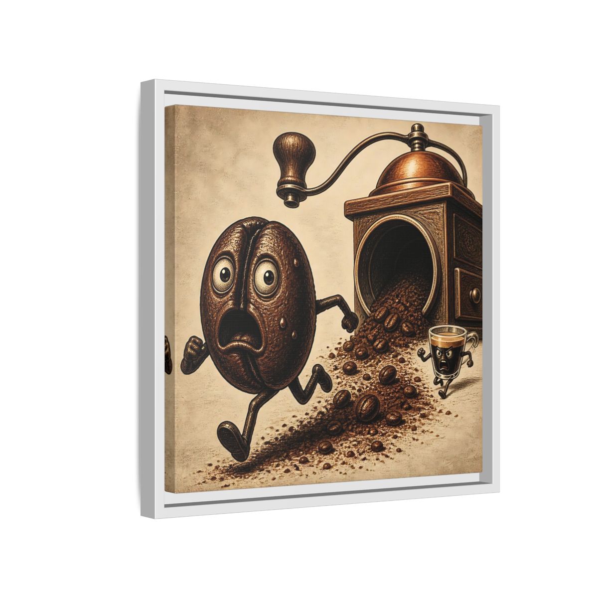 Side Mockup 13. Escaping Coffee Bean Chase shown as framed canvas print