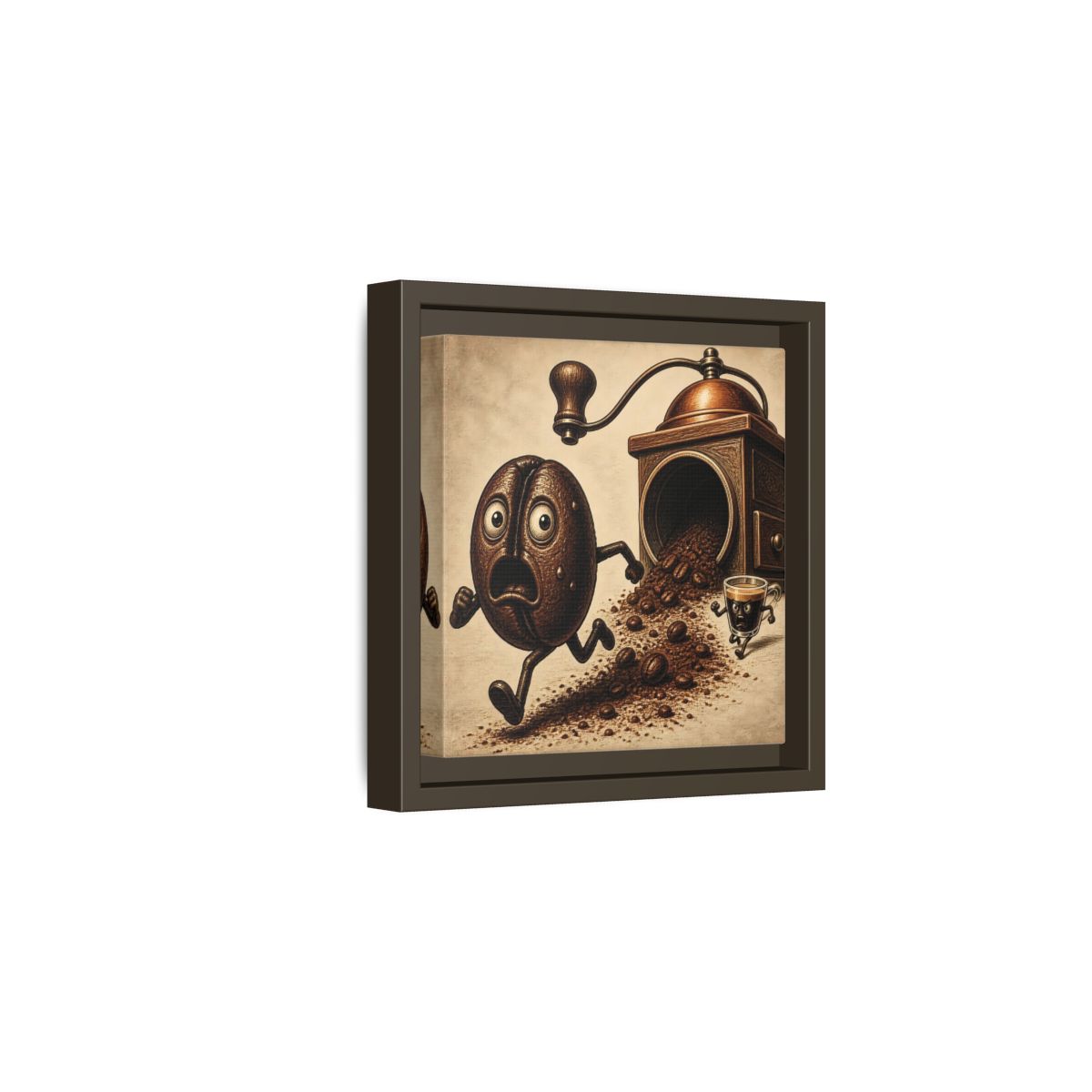 Side Mockup 2. Escaping Coffee Bean Chase shown as framed canvas print