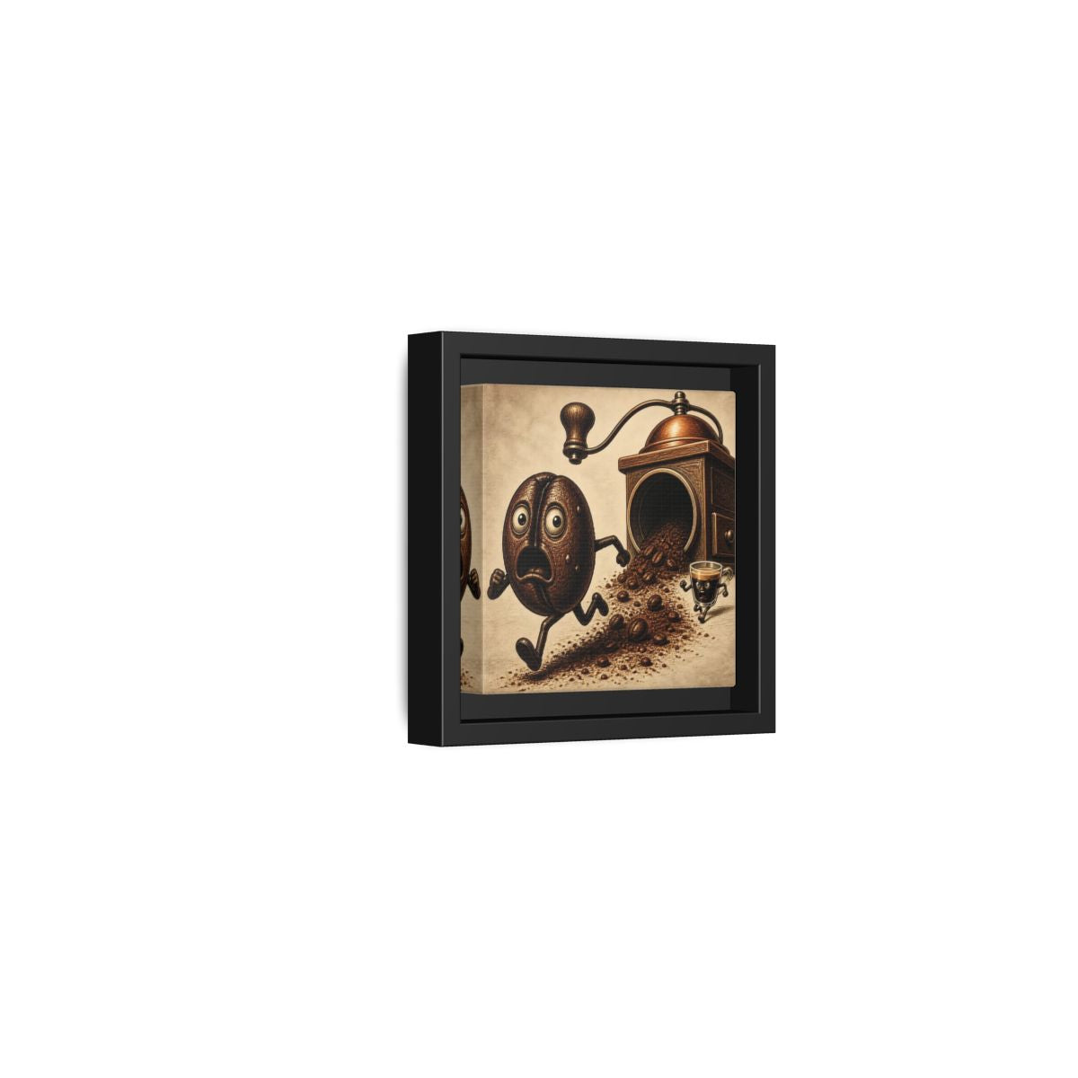 Side Mockup 24. Escaping Coffee Bean Chase shown as framed canvas print