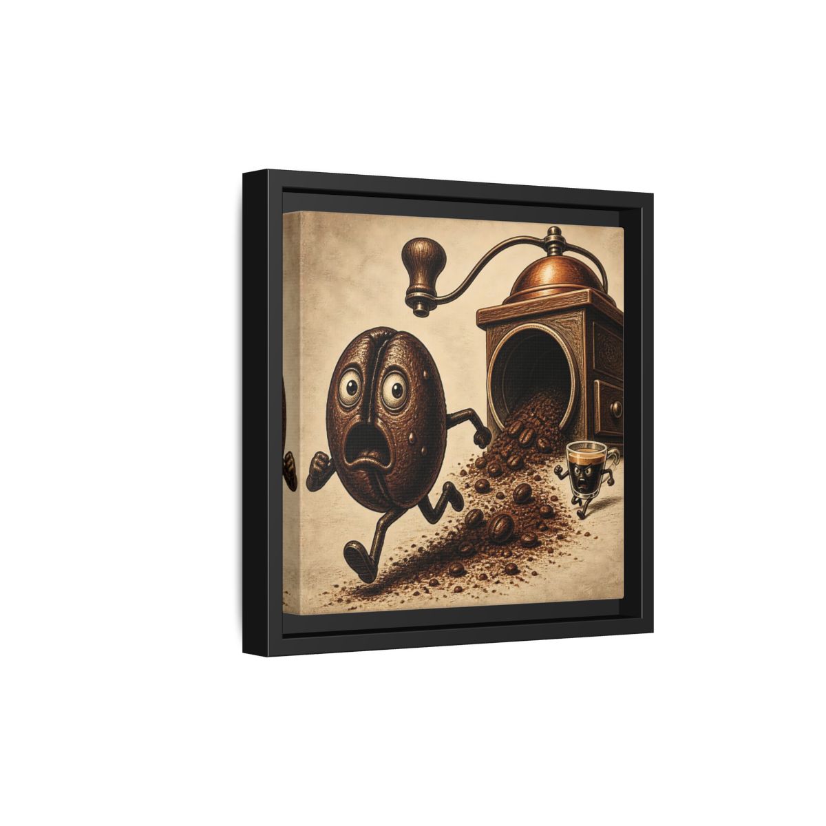 Side Mockup 21. Escaping Coffee Bean Chase shown as framed canvas print