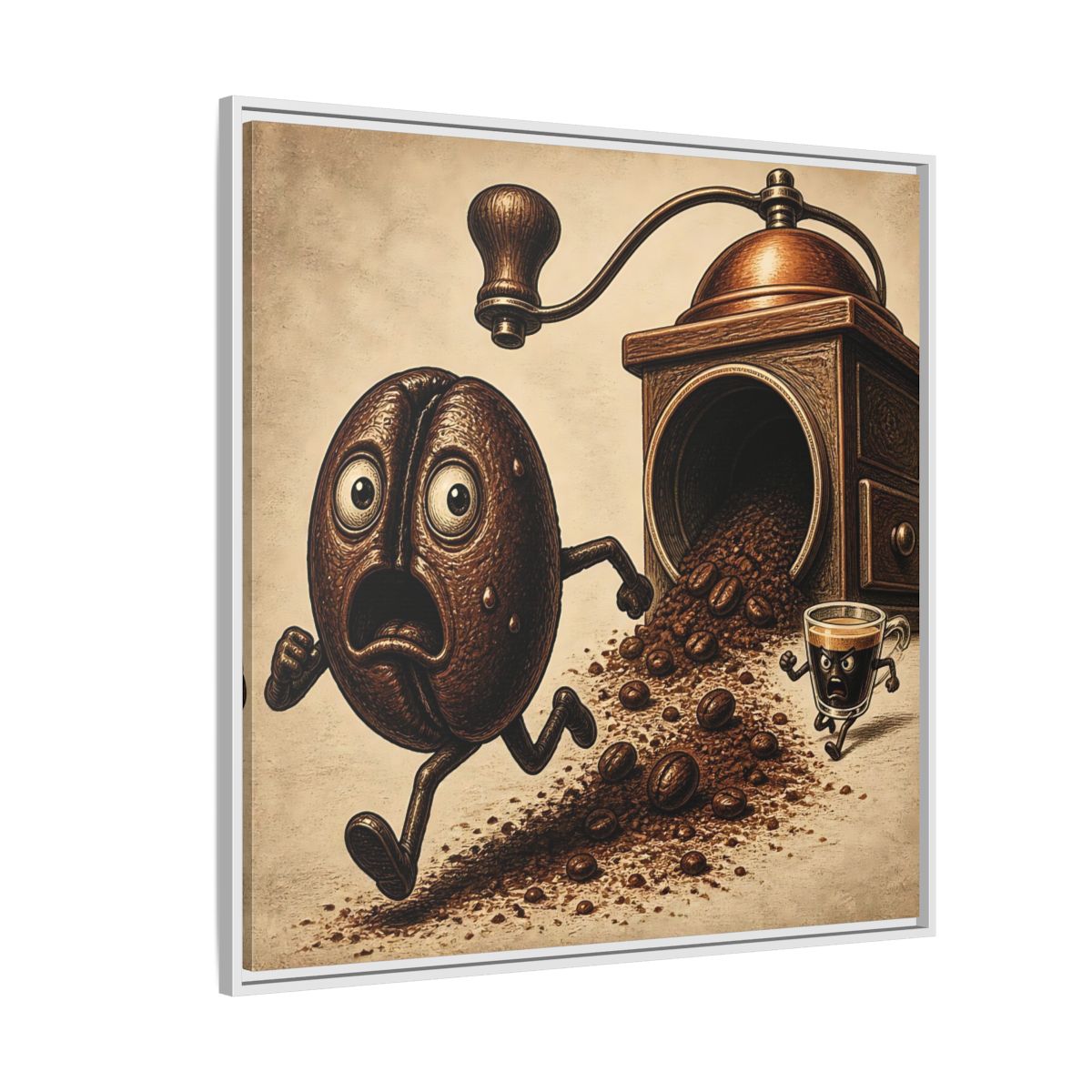 Side Mockup 4. Escaping Coffee Bean Chase shown as framed canvas print