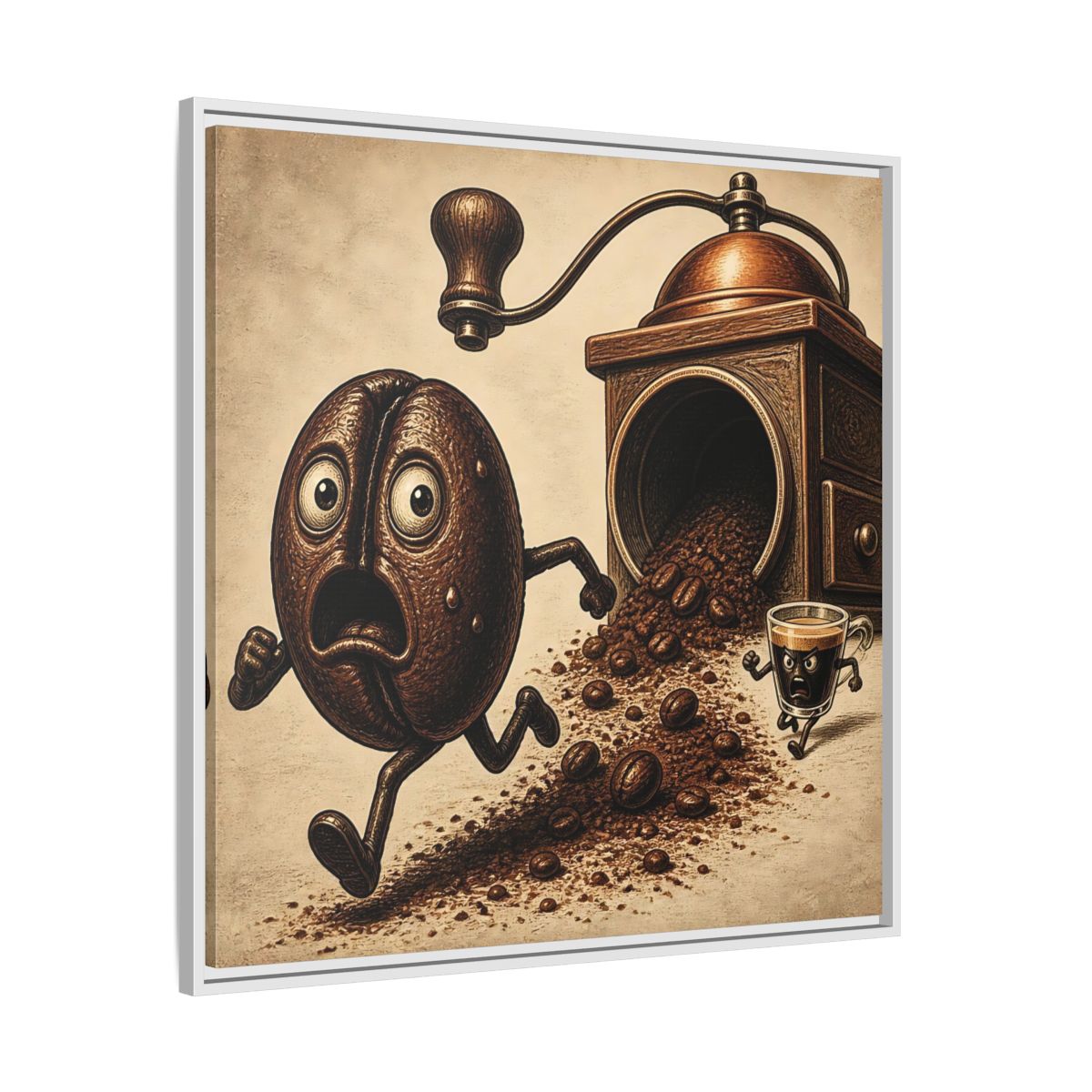 Side Mockup 25. Escaping Coffee Bean Chase shown as framed canvas print