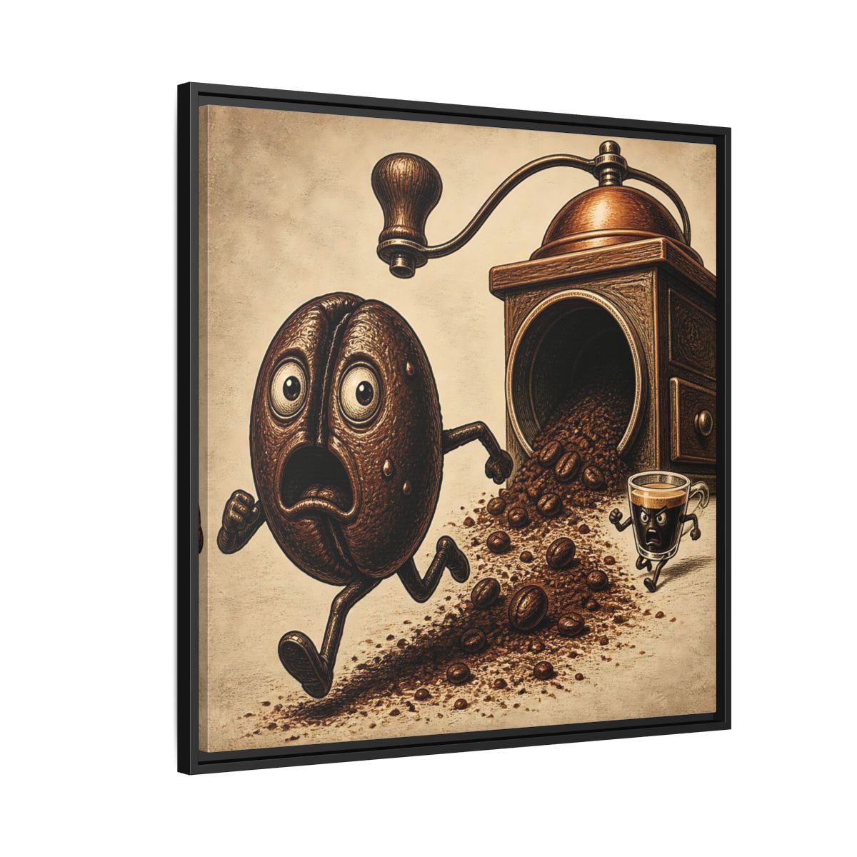 Side Mockup 9. Escaping Coffee Bean Chase shown as framed canvas print