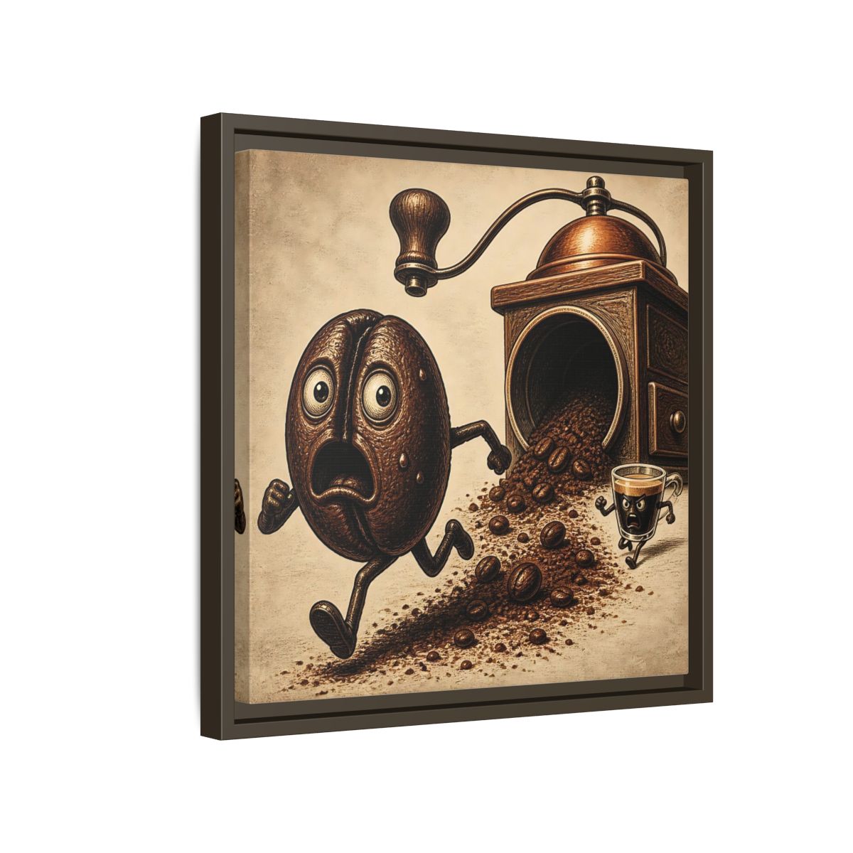 Side Mockup 14. Escaping Coffee Bean Chase shown as framed canvas print