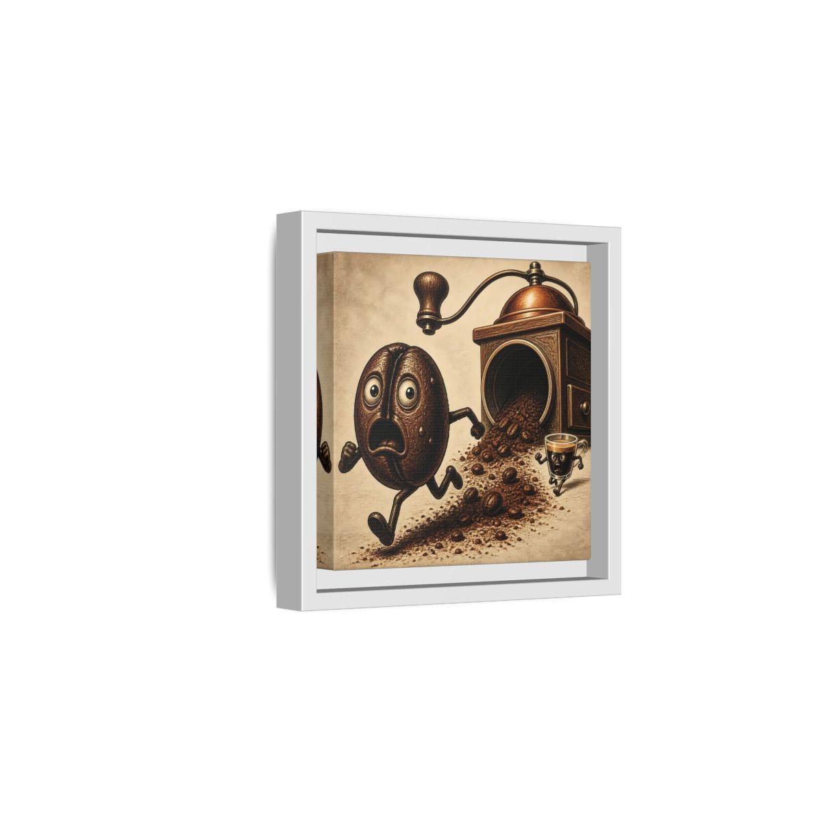 Side Mockup 1. Escaping Coffee Bean Chase shown as framed canvas print