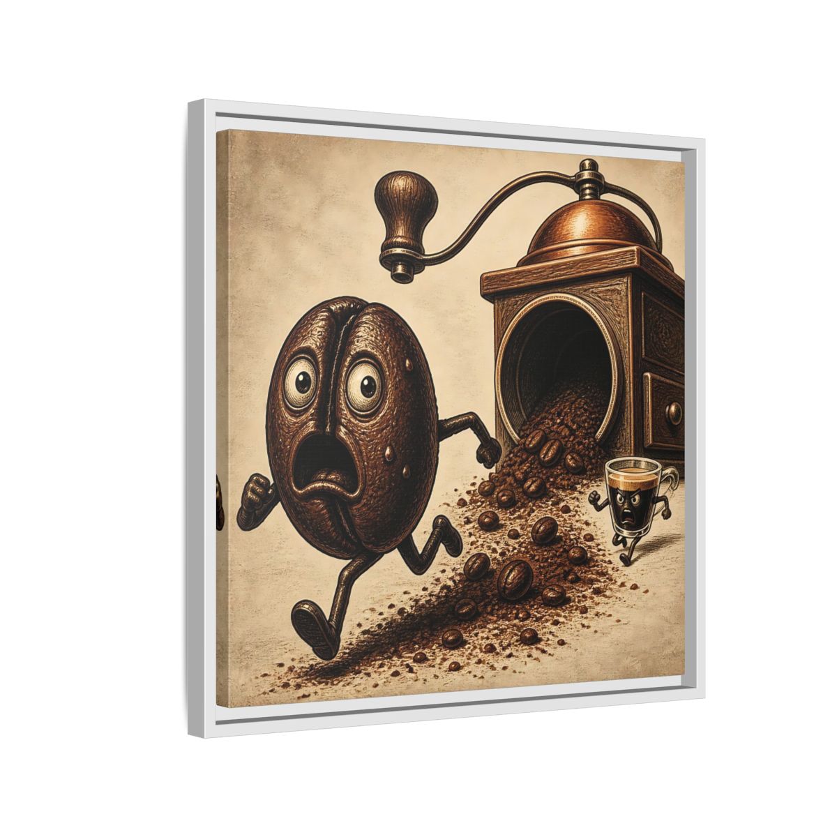 Side Mockup 10. Escaping Coffee Bean Chase shown as framed canvas print