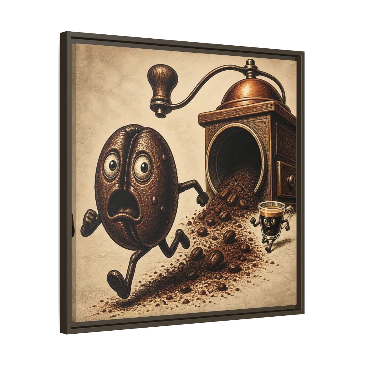 Side Mockup 27. Escaping Coffee Bean Chase shown as framed canvas print