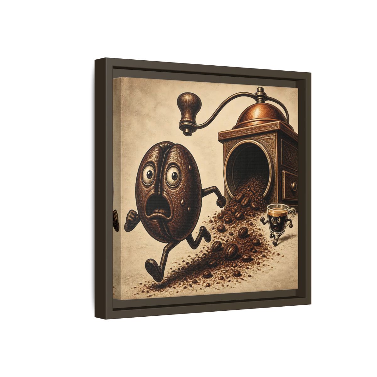 Side Mockup 17. Escaping Coffee Bean Chase shown as framed canvas print