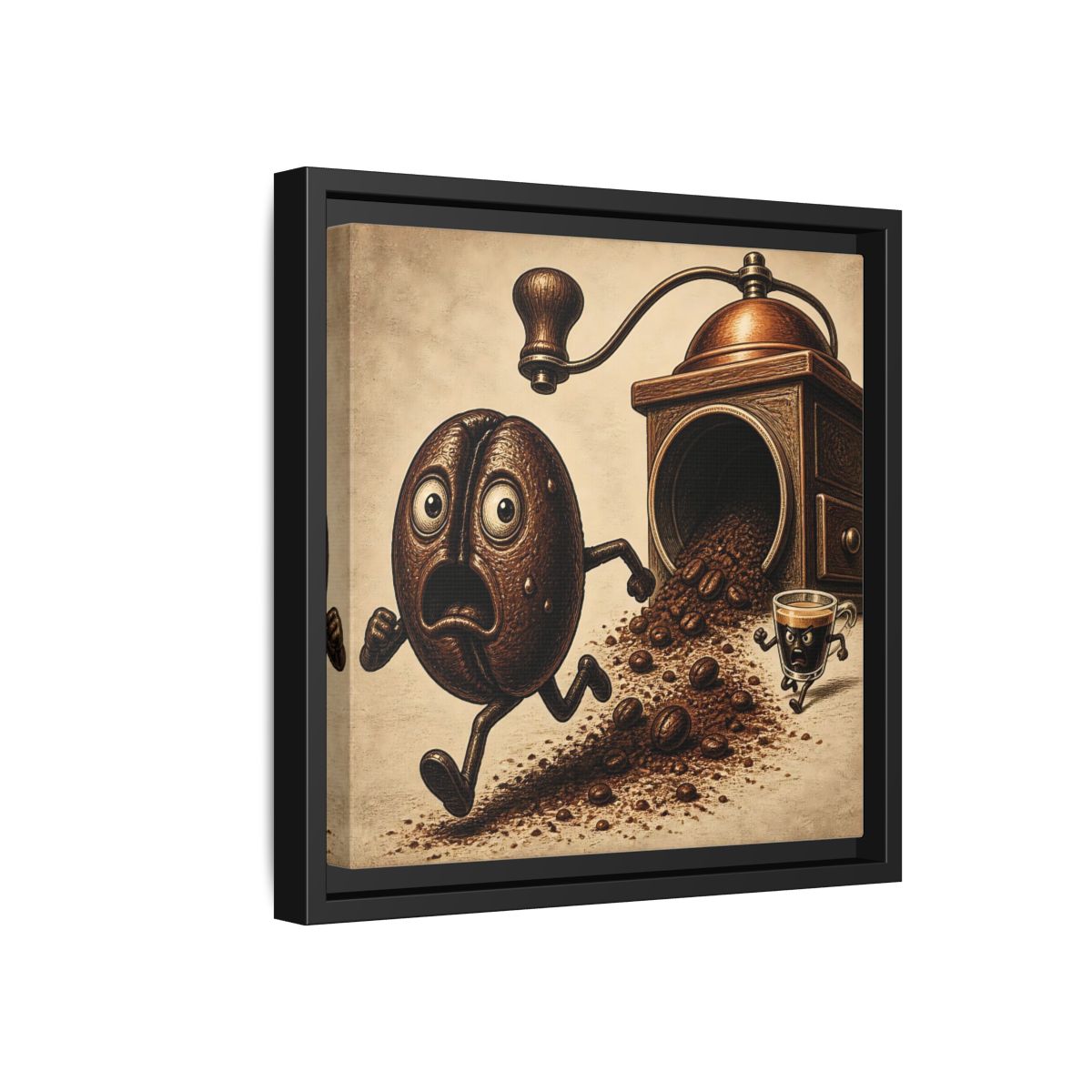 Side Mockup 18. Escaping Coffee Bean Chase shown as framed canvas print