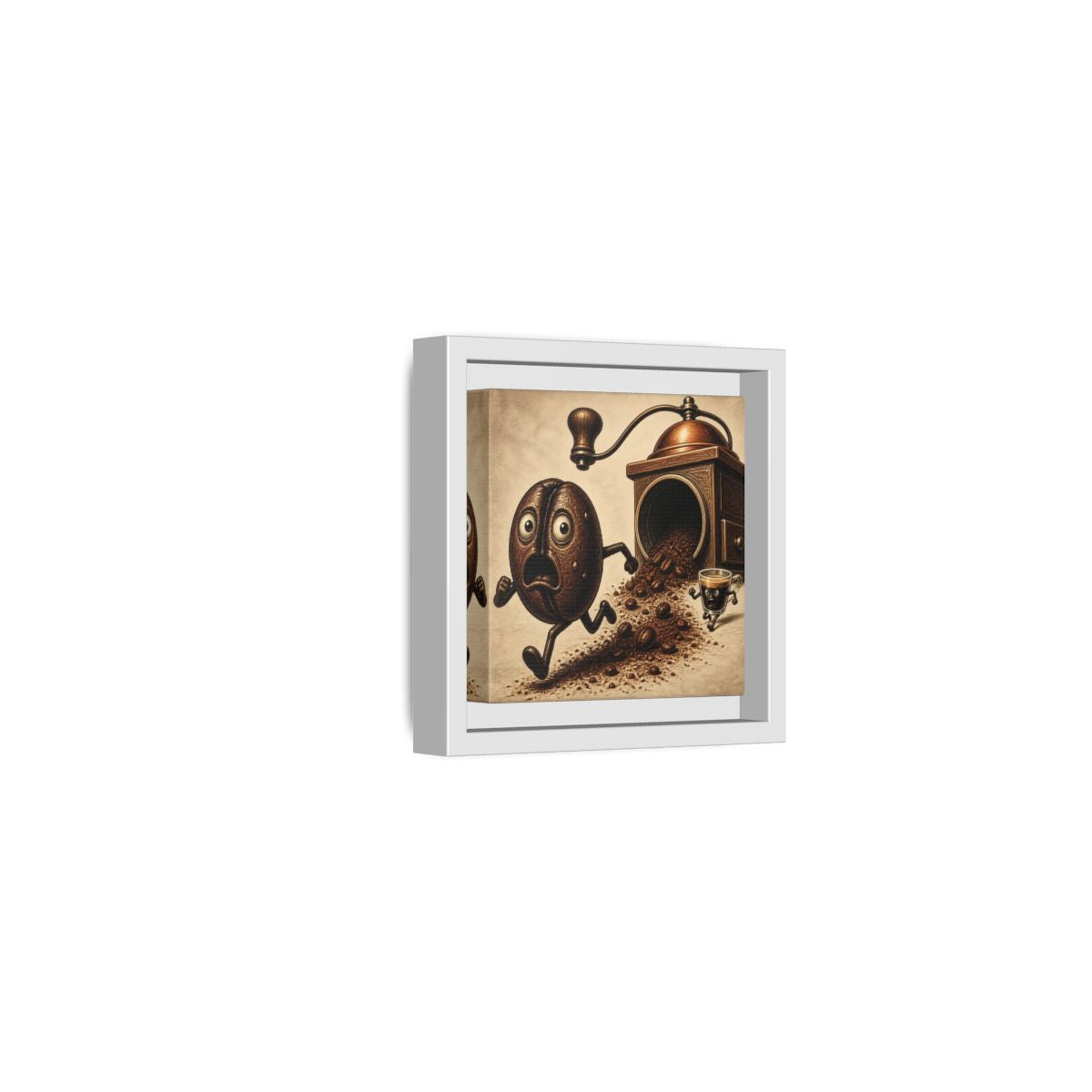 Side Mockup 22. Escaping Coffee Bean Chase shown as framed canvas print