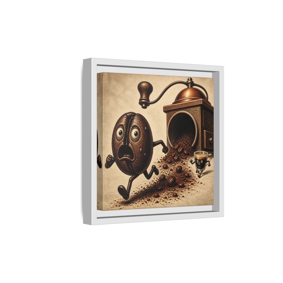 Side Mockup 19. Escaping Coffee Bean Chase shown as framed canvas print