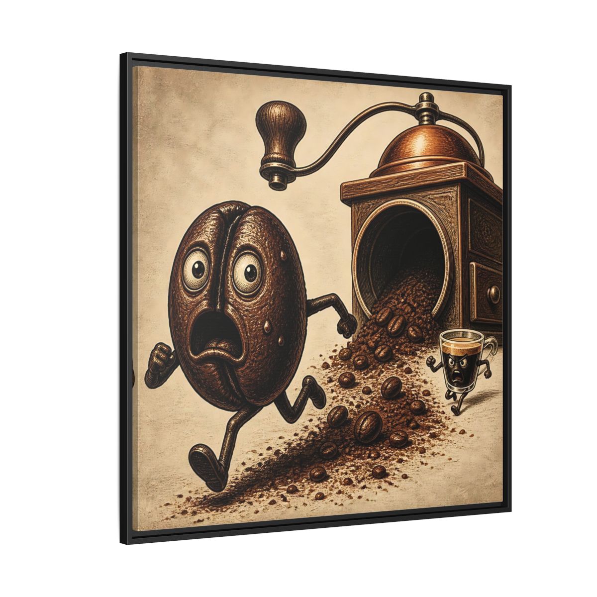 Side Mockup 6. Escaping Coffee Bean Chase shown as framed canvas print