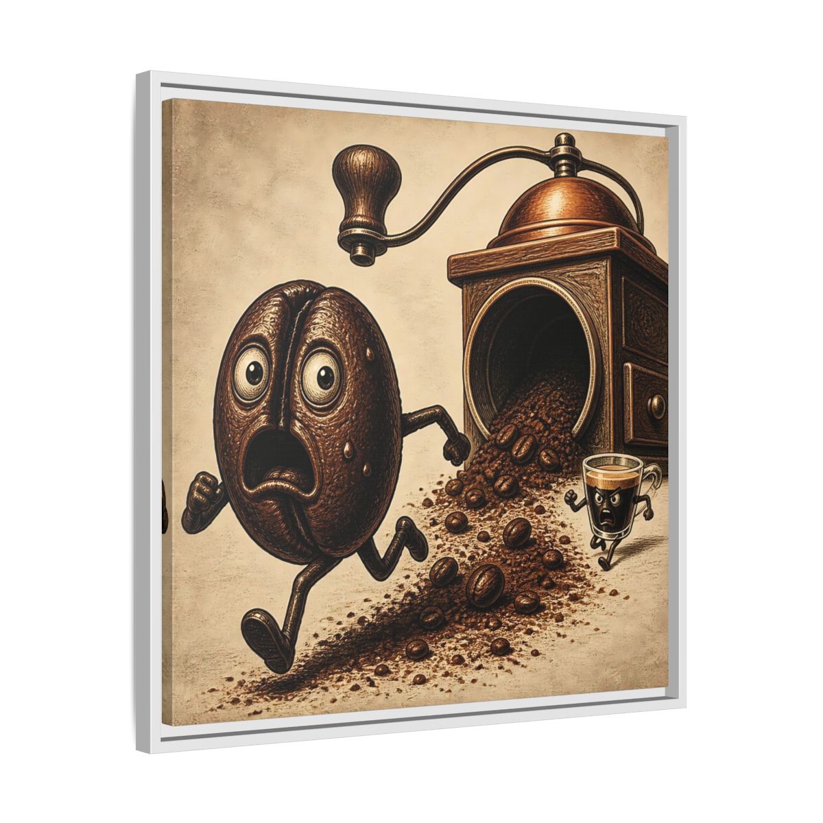 Side Mockup 26. Escaping Coffee Bean Chase shown as framed canvas print