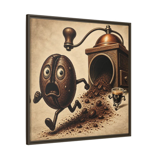 Main Mockup. Escaping Coffee Bean Chase shown as framed canvas print