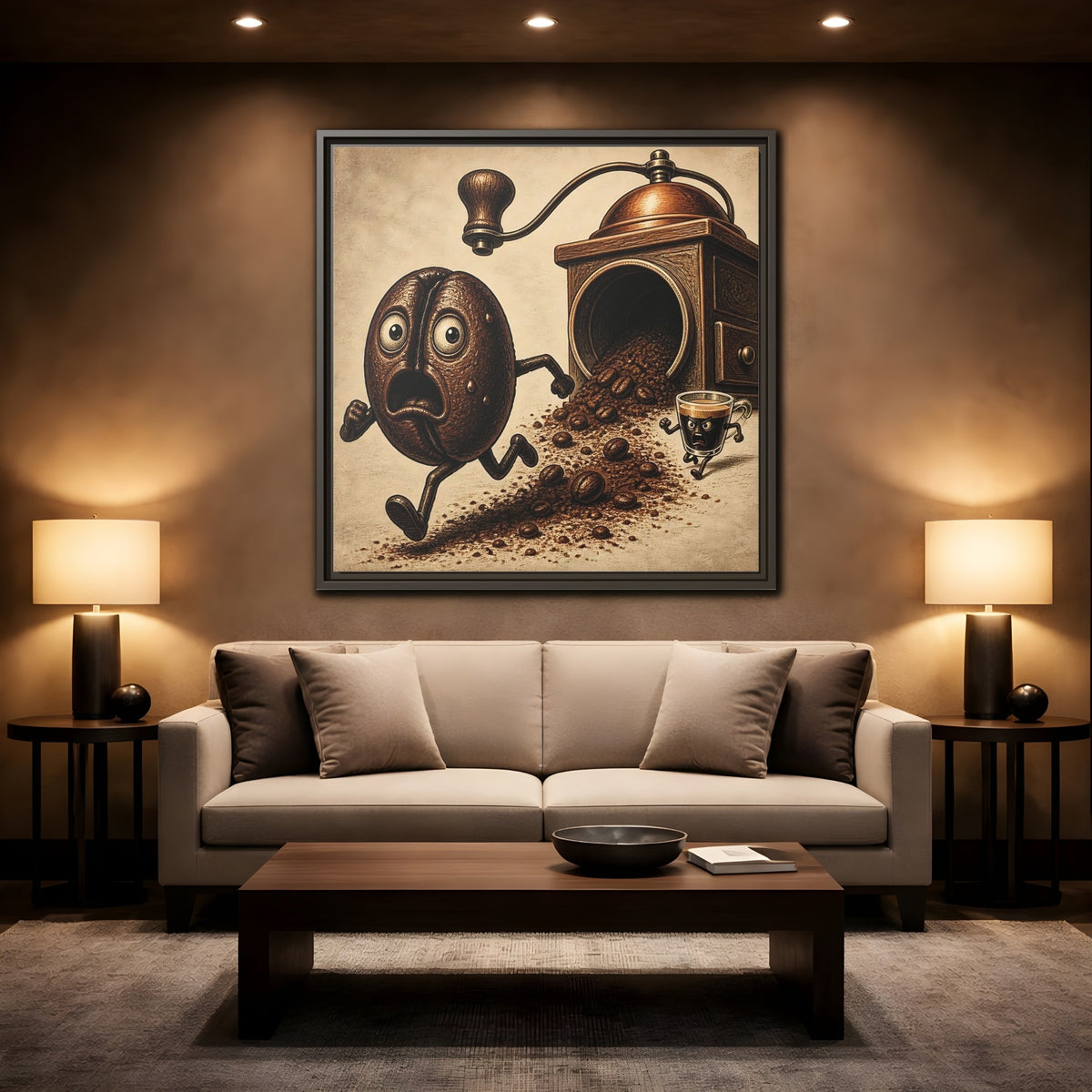 Mockup 2. Escaping Coffee Bean Chase shown as framed canvas print