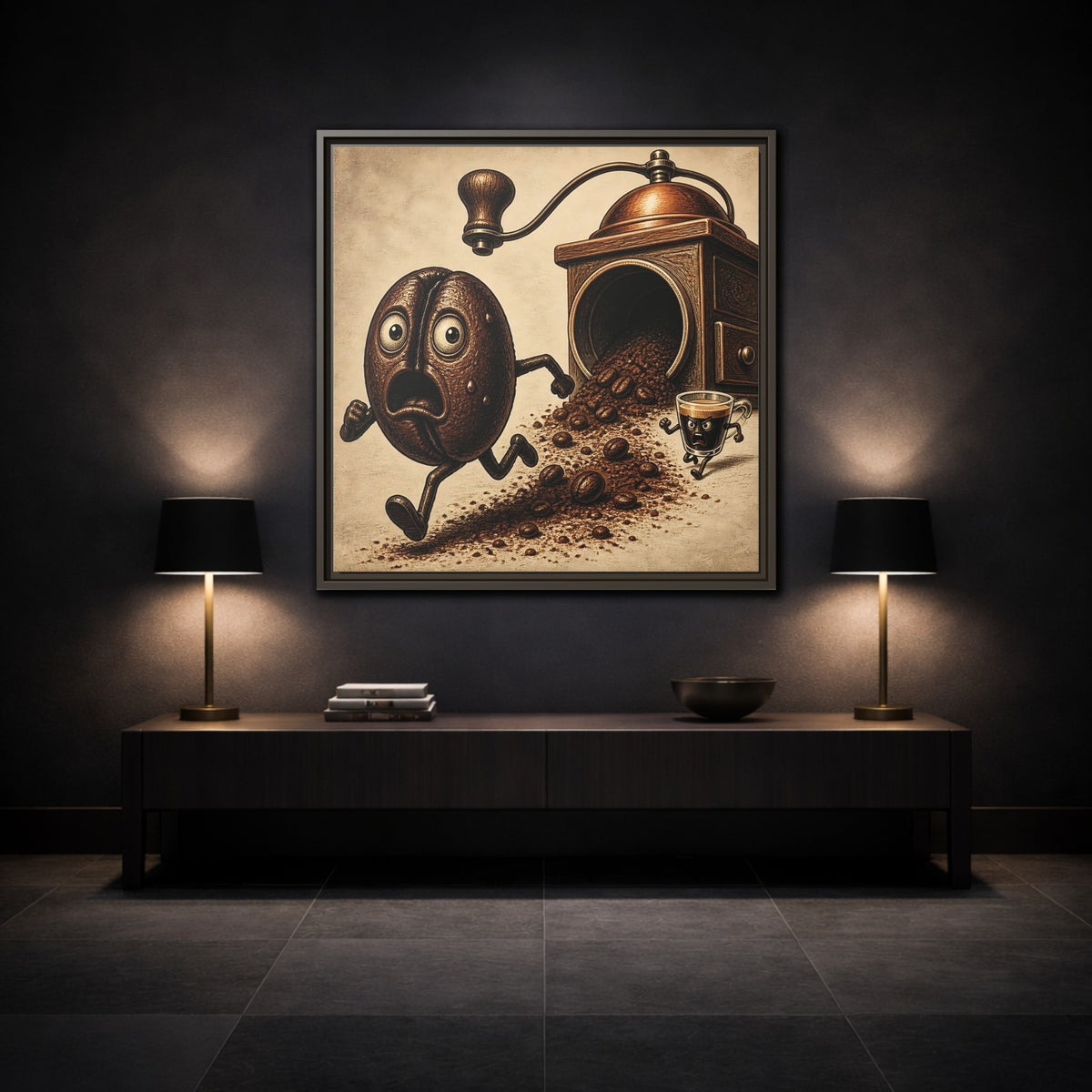Mockup 3. Escaping Coffee Bean Chase shown as framed canvas print