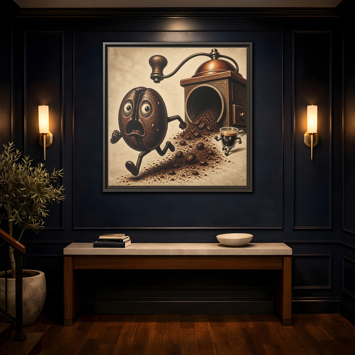 Mockup 4. Escaping Coffee Bean Chase shown as framed canvas print