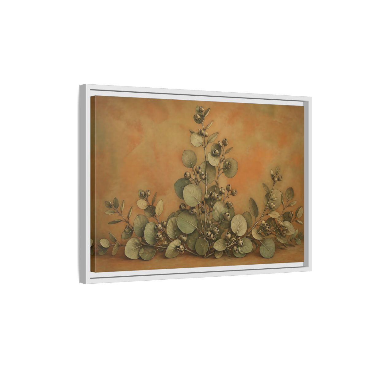 Side Mockup 1. Eucalyptus Branch Study shown as framed canvas print