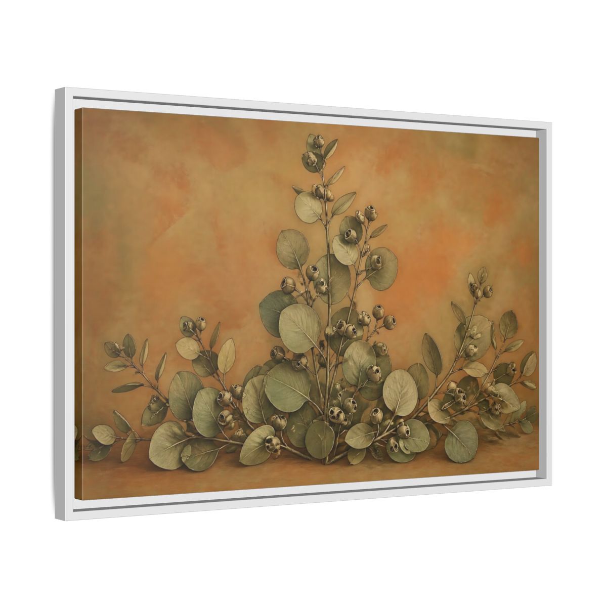 Side Mockup 10. Eucalyptus Branch Study shown as framed canvas print