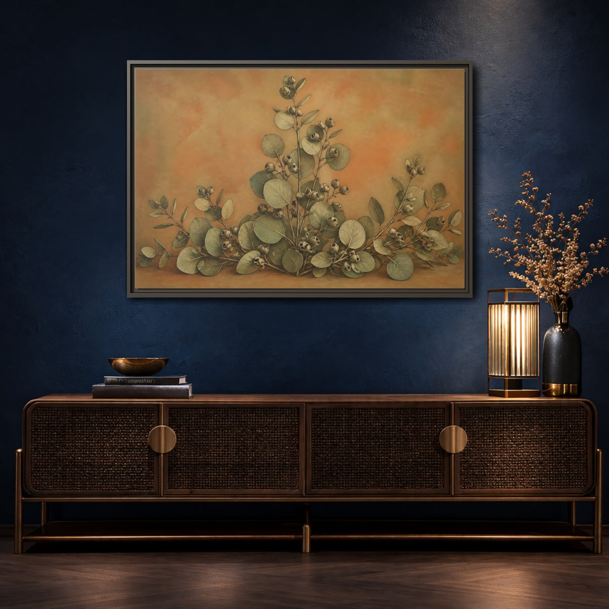 Mockup 4. Eucalyptus Branch Study shown as framed canvas print