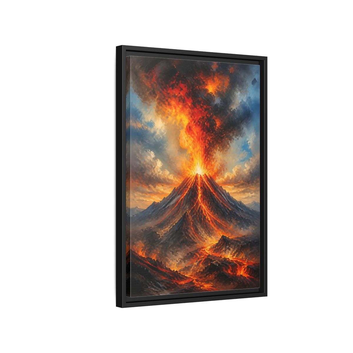 Side Mockup 3. Fiery Volcano Eruption shown as framed canvas print