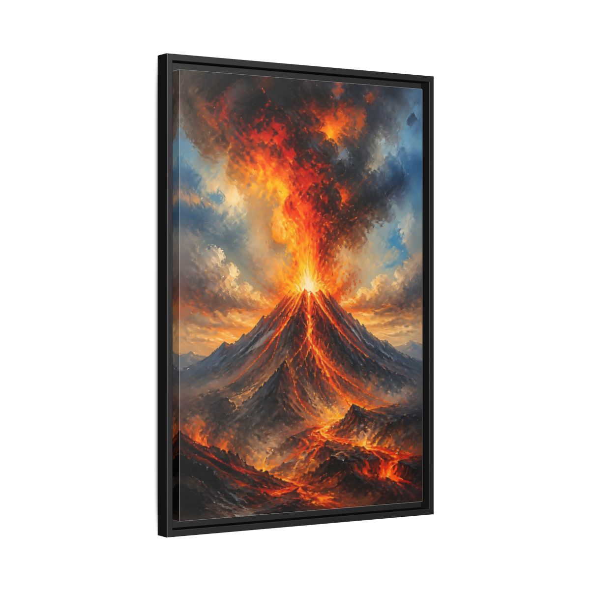 Side Mockup 14. Fiery Volcano Eruption shown as framed canvas print