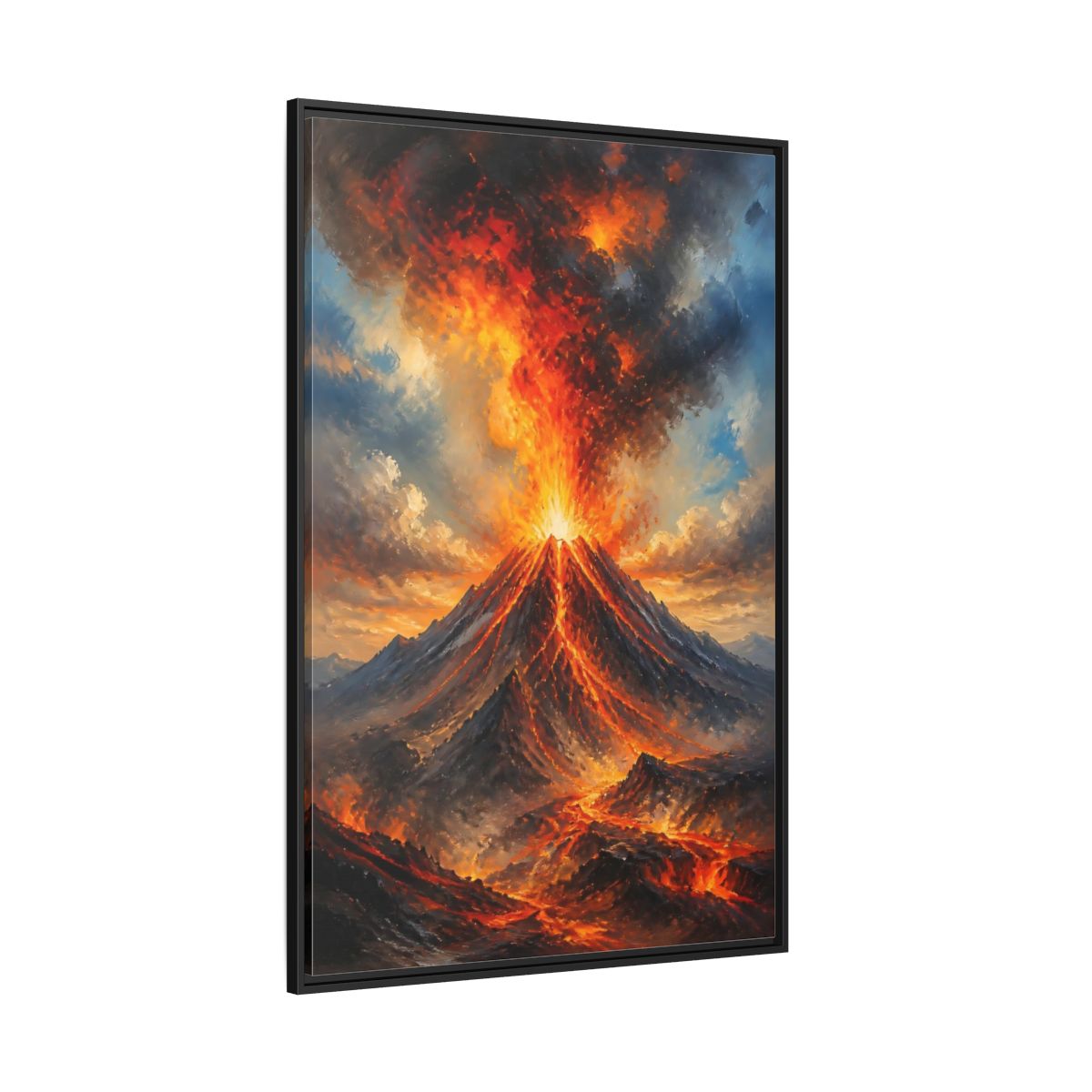 Side Mockup 12. Fiery Volcano Eruption shown as framed canvas print