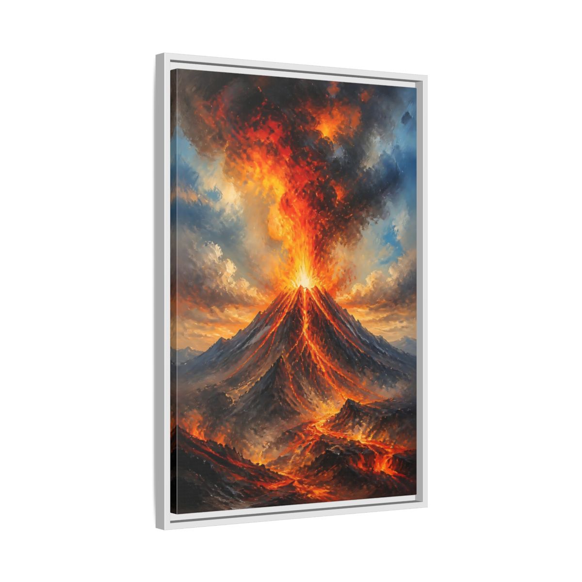 Side Mockup 10. Fiery Volcano Eruption shown as framed canvas print