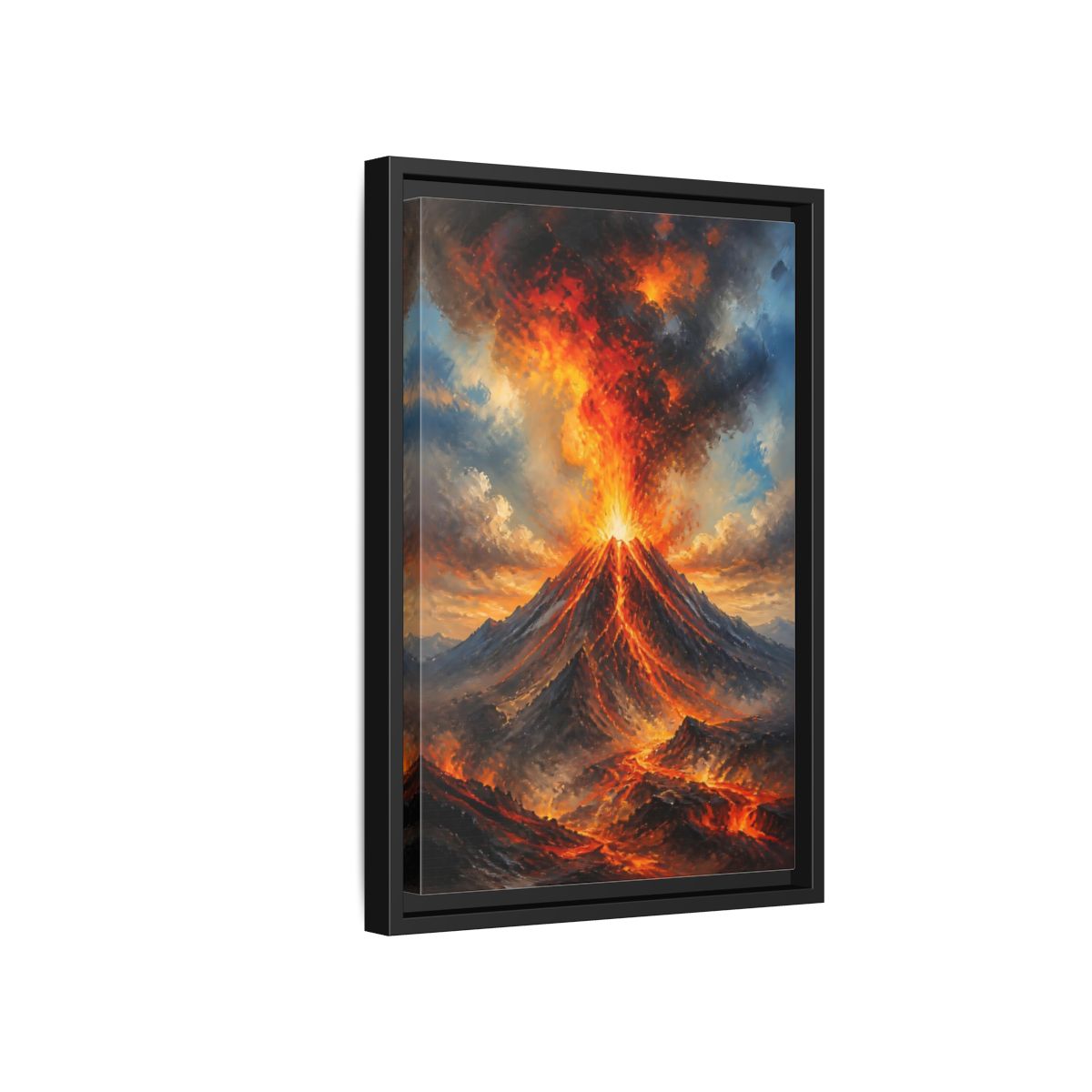 Side Mockup 6. Fiery Volcano Eruption shown as framed canvas print