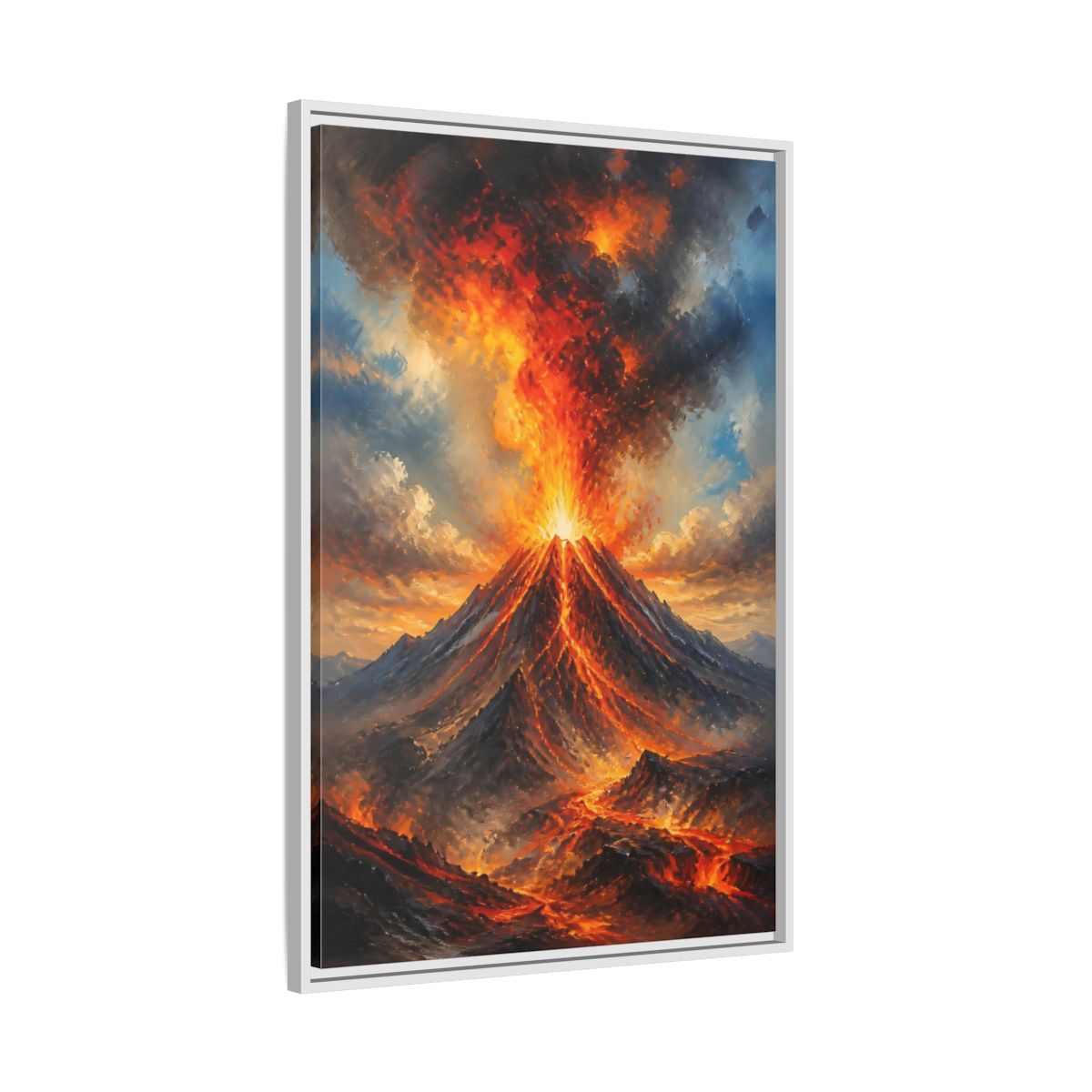 Side Mockup 9. Fiery Volcano Eruption shown as framed canvas print