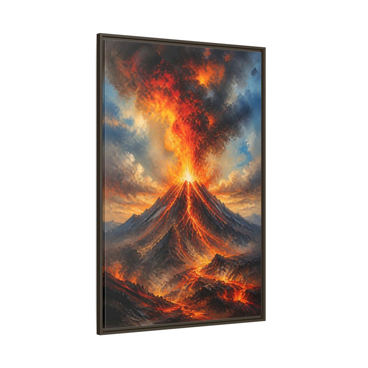 Side Mockup 8. Fiery Volcano Eruption shown as framed canvas print