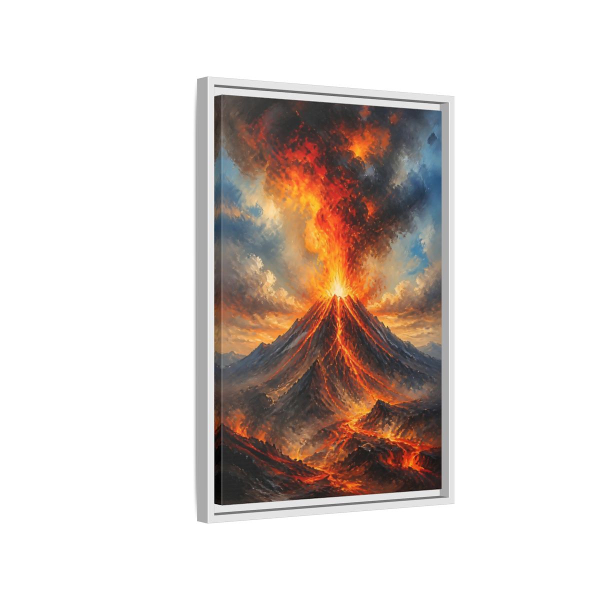Side Mockup 1. Fiery Volcano Eruption shown as framed canvas print